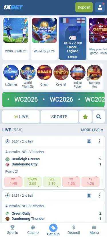 1xBet app screen showing live sports events